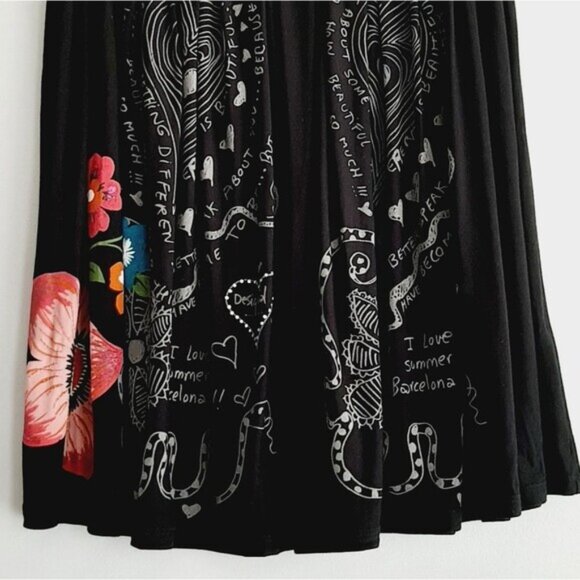DESIGUAL \ Pleated Pull-On Elastic Waist Soft Knee Length Skirt Floral Black M - Picture 4 of 15